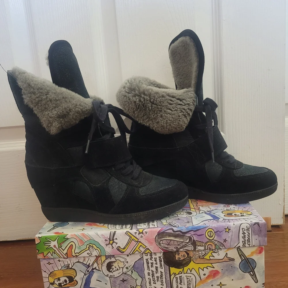 Ash Black Shearling Wedge Boots - Picture 4 of 12